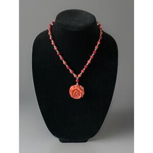 Vintage Style Molded Flower Rose Beaded Necklace Maroon Estate Sale Pickup EUC